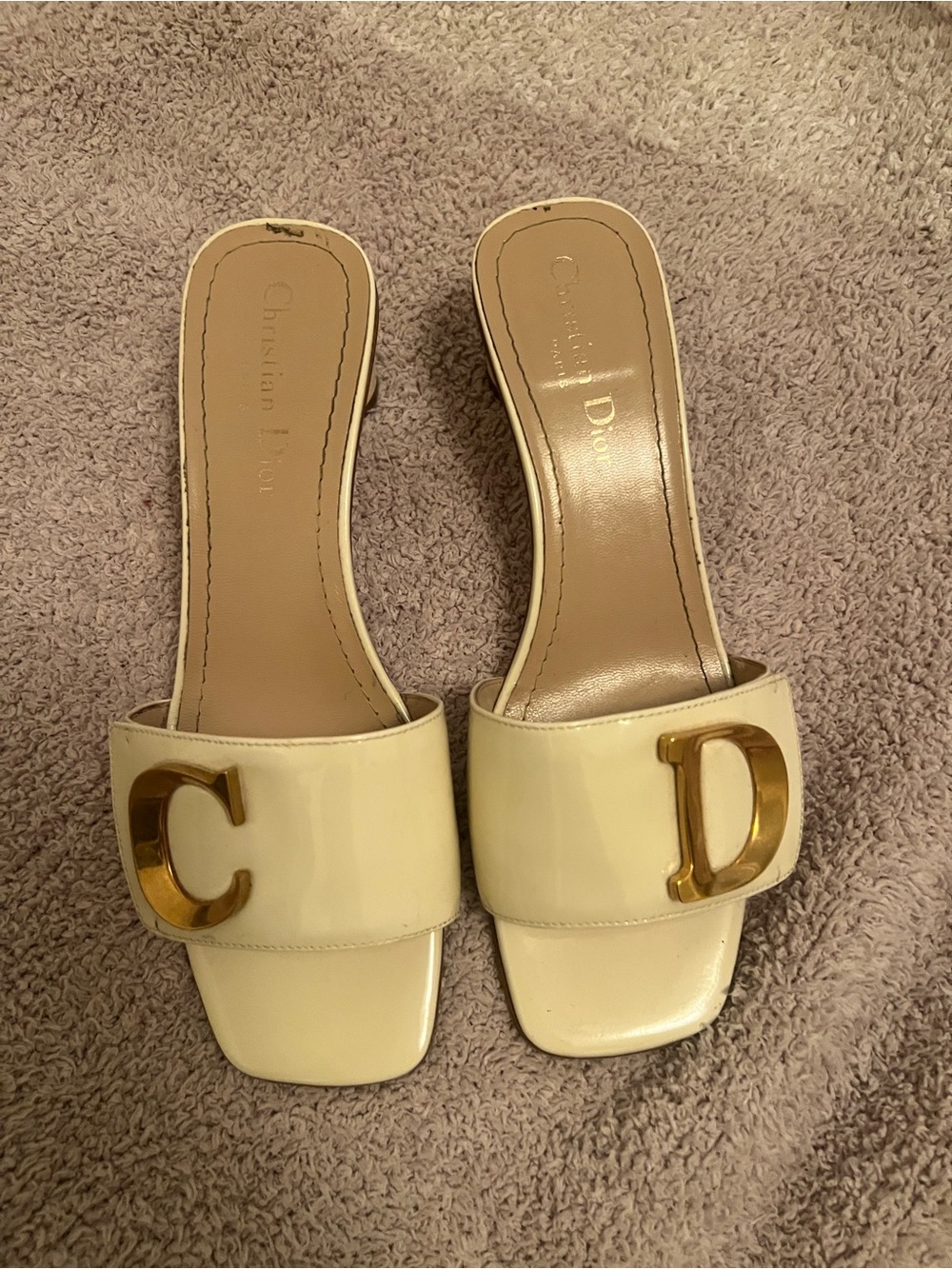 Dior Cream Leather Slide Mules with Gold CD Emblems - Picture 2 of 9